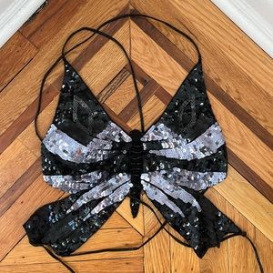 Vintage Y2K Sequin Butterfly Crop Tied Top
